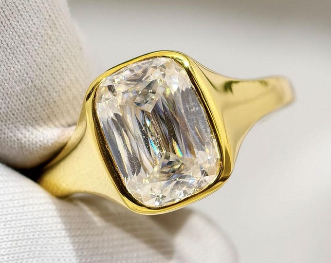 Elongated Cushion Criss Cut Moissanite Engagement Ring, Full Bezel Setting Solitaire Wedding Ring, Modern Promise Ring For Everyday Wear