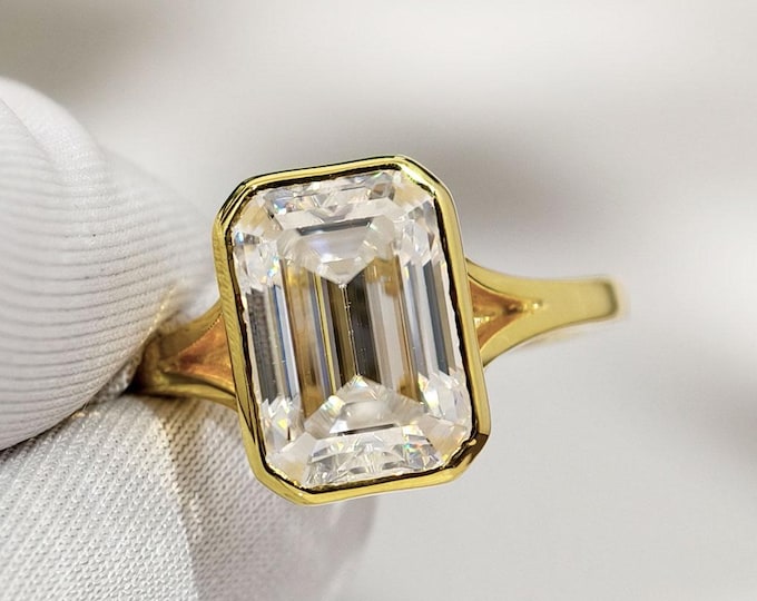 Emerald Cut Moissanite Engagement Ring, Full Bezel Setting Split Shank Wedding Ring, Solitaire Diamond Luxury Anniversary Gift For Wife