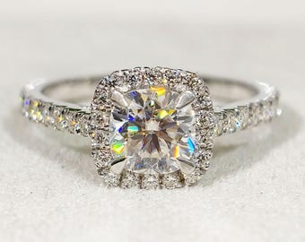 1 CT Cushion Cut Moissanite Halo Engagement Ring, Cathedral Setting Proposal Ring, 14K White Gold Luxurious Anniversary Gift
