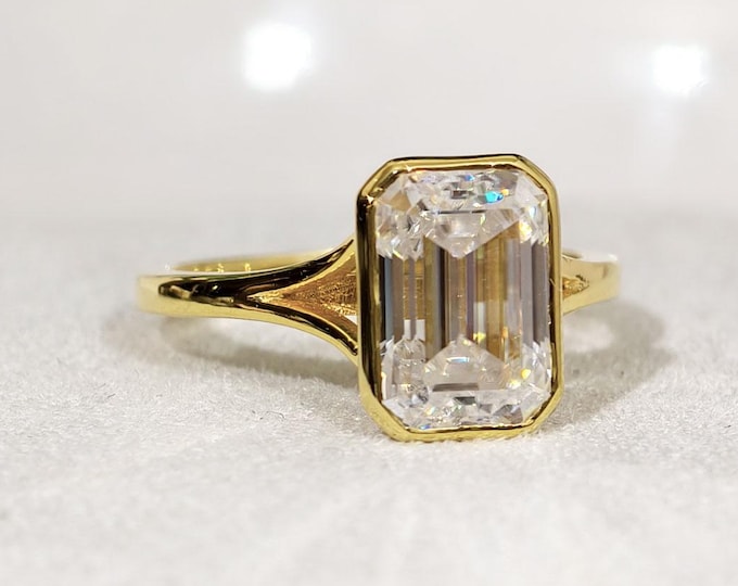 3 Carat Emerald Cut Moissanite Engagement Ring, Unique Bezel Setting Wedding Ring, Split Shank Solitaire Diamond Luxury Anniversary Gift