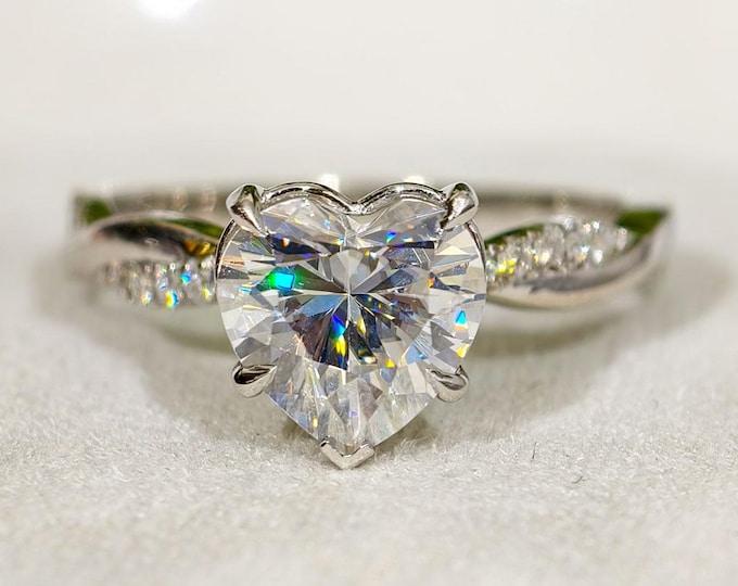 Heart Shape 2 CT Moissanite Wedding Ring, Rope Band 14k Solid White Gold Engagement Ring, Twisted Shank Anniversary Gift, Birthday Gift