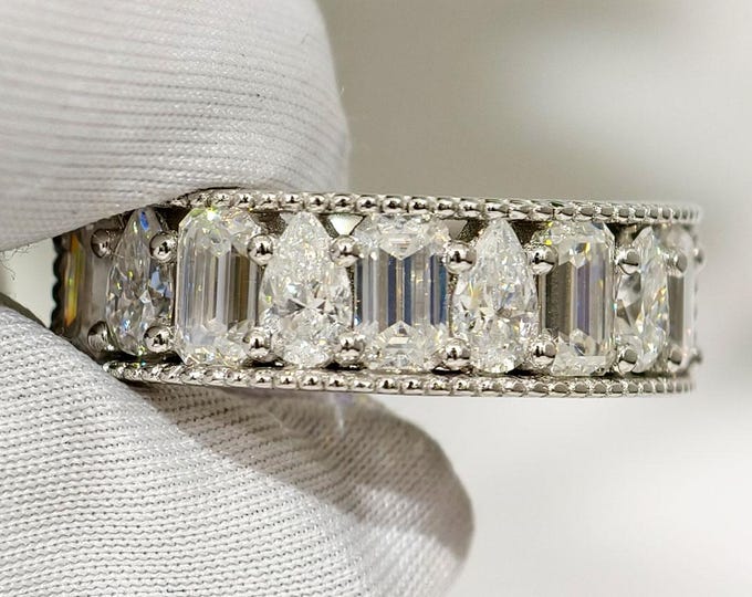 Emerald And Pear Cut Moissanite Half Eternity Promise Band, Milgrain Setting Unique Wedding Band, Luxury Anniversary Gift For Her