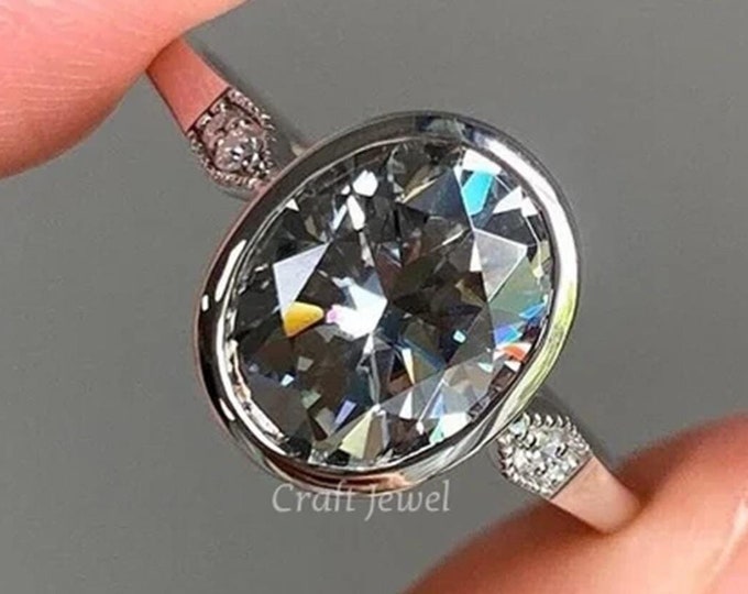 Bezel Set Grey Oval Cut Anniversary Ring, Grey Oval Cut 2CT Moissanite Engagement Ring, Three Stone Wedding Bridal Ring Promise Ring For Her
