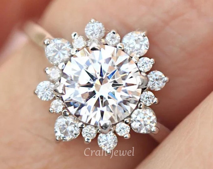 Cluster Halo Flower Shaped Unique Designer Wedding Ring, 2 Ct Round Cut Moissanite Anniversary Gift Ring, Promise Gift Ring, Engagement Ring