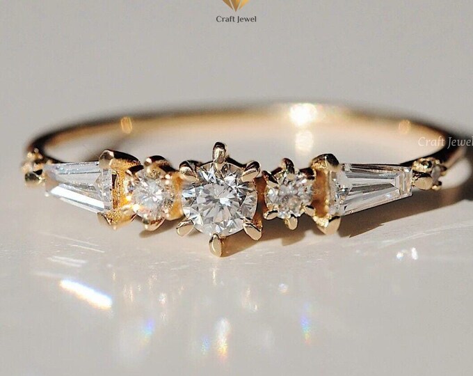 Tapper Baguette and Round Colorless Moissanite Wedding Band Mix Shape Moissanite Engagement Band Stackable Anniversary Band Claw Prong Band