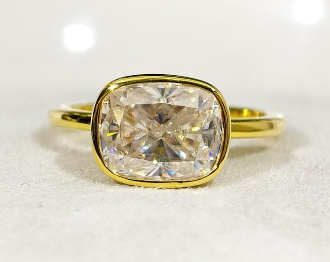 Elongated East West Bezel Set Moissanite Ring, 3 CT Elongated Cushion Cut Bezel Set Ring, Solid Gold Ring, Best unique Gift for Valentine.