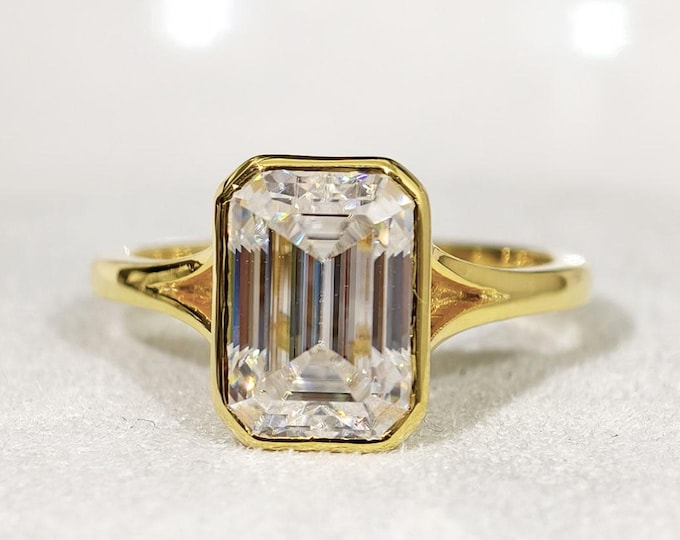 3 CT Emerald Cut Bezel Set Engagement Ring, Full Bezel Set Moissanite Diamond Ring, Solitaire Split Shank Wedding Anniversary Ring For Wife