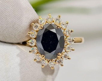 Halo Black Oval Cut Moissanite Engagement Ring, Cathedral Set Yellow Gold Wedding Ring For Her