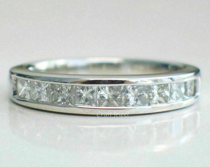 1 TCW Princess Cut Moissanite Wedding Band, Channel Set Half Eternity Ring, Simulated Diamond Ring, Stacking Ring Bridal Matching Band Rings