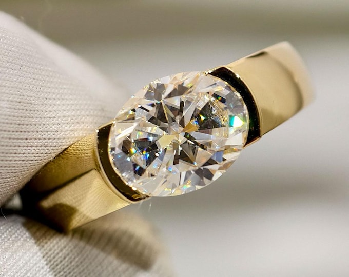 East West Oval Cut Moissanite Wedding Ring, Half Bezel Setting Solid Yellow Gold Engagement Ring, Solitaire Diamond Modern Statement Jewelry