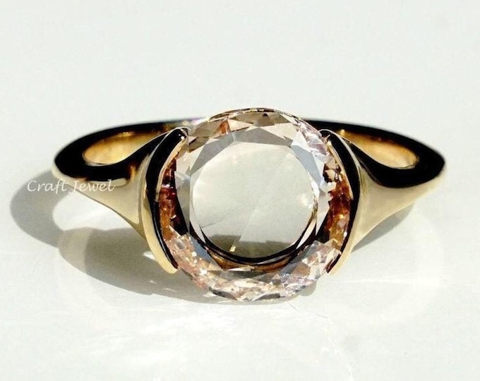 Round Rose Cut Diamond Solitaire Engagement Ring, Half Bezel Set Wedding Ring For Her, Low Setting Anniversary Ring, Lab Grown Diamond Ring