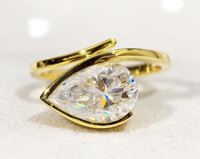 Solitaire Half Bezel Set Pear Moissanite Engagement Ring East West Teardrop Diamond Wedding Ring Curved Style Open Bypass Shank Promise Ring