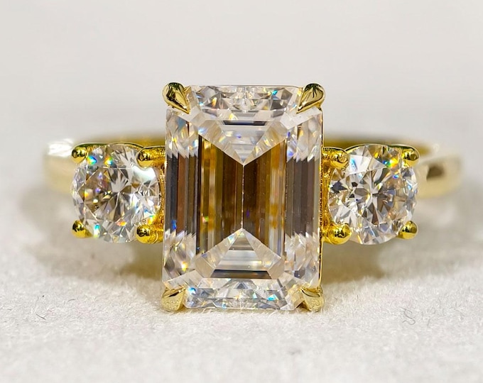 3 Carat Emerald Cut Moissanite Three Stone Engagement Ring, Side Round Cut Diamond Trilogy Wedding Ring, 14K Solid Yellow Gold Handmade Ring