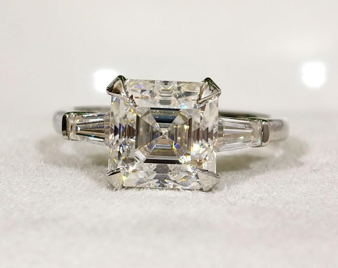 4 CT Asscher Cut Moissanite Engagement Ring, Three Stone Wedding Ring, Four Claw Prong Set 14K Solid Yellow Gold Women's Anniversary Gift
