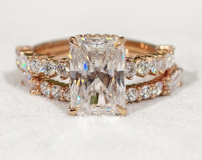 Radiant Cut Moissanite Wedding Ring Set, Full Eternity Matching Wedding Band, Hidden Halo Bridal Set, Anniversary Diamond Ring Set For Her