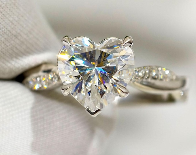 Heart Cut Moissanite Wedding Ring, 14k White Gold Rope Twisred Band Wedding Ring, Anniversary Gift For Wife