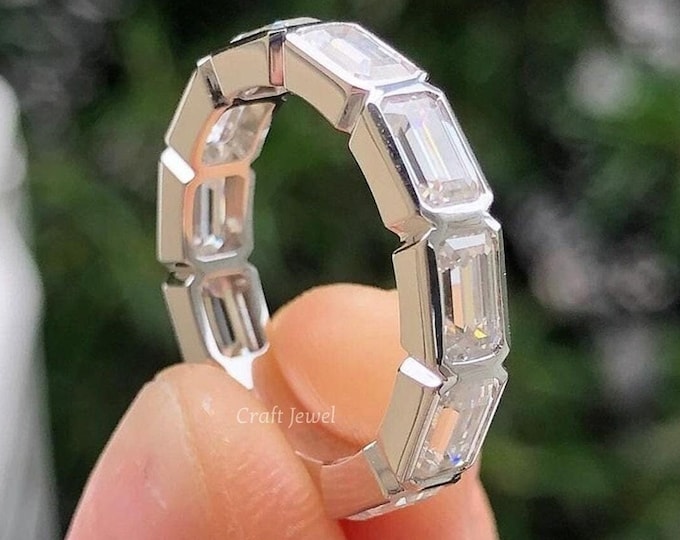 Bezel Set Emerald Cut Moissanite Wedding Band,  Full Eternity Stackable Anniversary Band, East-West Alternative Promise Band - Perfect Gift