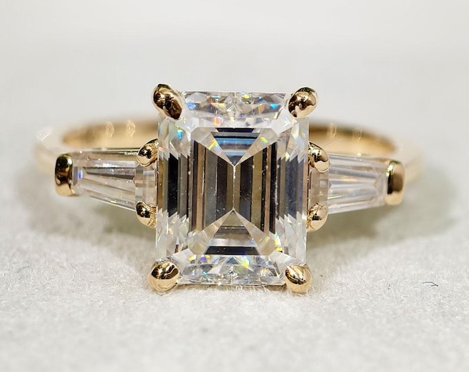 Emerald Cut Moissanite Three Stone Engagement Ring, Baguette Accents