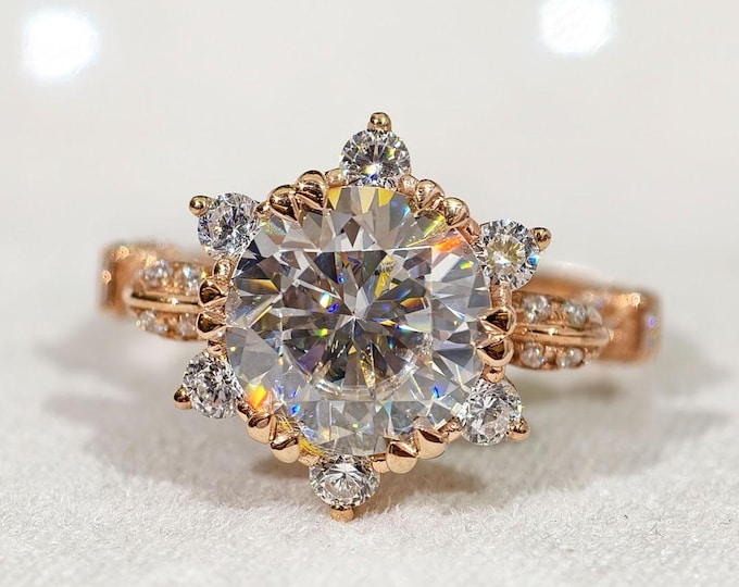 Round Cut Vintage Style Art Deco Moissanite Engagement Ring, Snowflake Halo Wedding Ring, Double Prong Pave Bridge Rose Gold Party Wear Ring