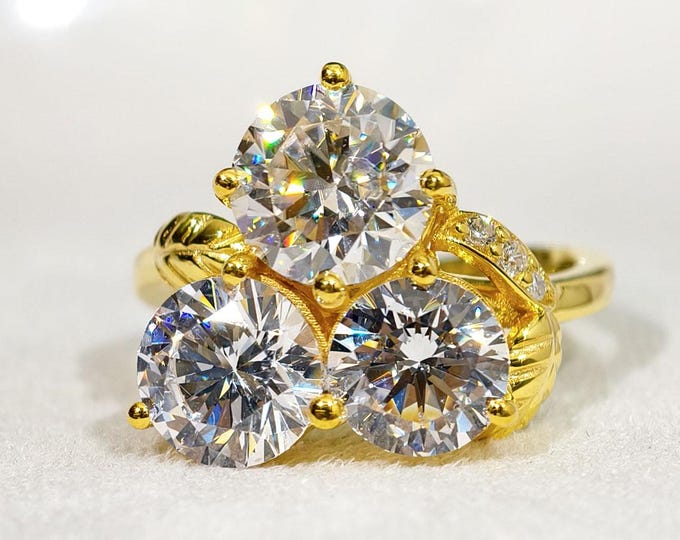 Round Cut Moissanite Engagement Ring, Three Stone Filigree Style Leaf Art Deco Anniversary Ring, 14K Solid Gold Wedding Ring For Women