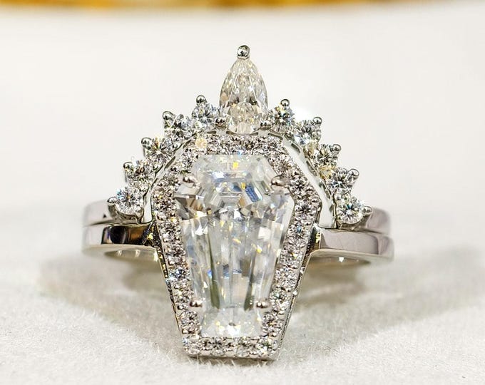 Coffin Cut Moissanite Bridal Ring Set, Halo Ring With Curved Matching Band For Her, Classic Wedding Ring Set, Sparkling Anniversary Gift