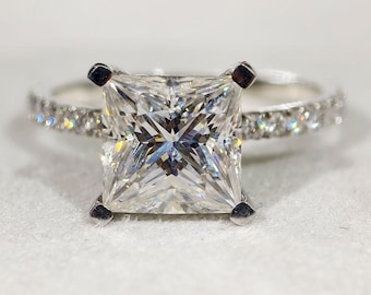 Hidden Halo Engagemengt Ring, 3.50 Carat Princess Cut Moissanite Wedding Ring, Square Cut Diamond Pave Promise Ring, Dainty Jewelry