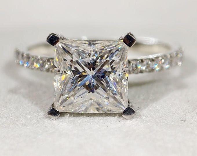 Hidden Halo Engagemengt Ring, 3.50 Carat Princess Cut Moissanite Wedding Ring, Square Cut Diamond Pave Promise Ring, Dainty Jewelry