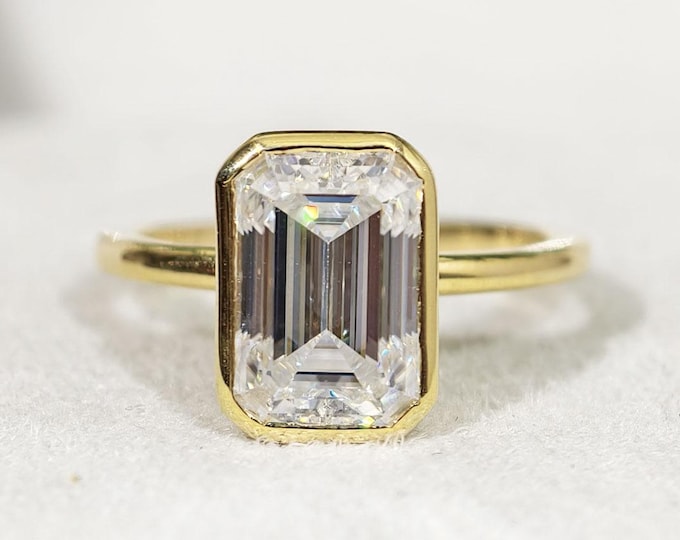 Bezel Setting Engagement Ring In Solid Gold, Emerald Cut Solitaire Moissanite Diamond Anniversary Ring, Straight Shank Minimalist Jewelry