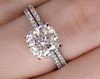 Cushion Cut Moissanite Diamond Wedding Ring Set, Hidden Halo Engagement Ring With Eternity Matching Band, Celebrity Style Bridal Ring Set