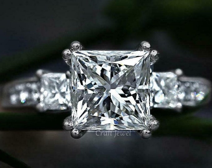 Princess Cut Moissanite Engagement Ring, Vintage Style Art Deco Wedding Bridal Ring, Three Stone Anniversary Gift Ring, promise Ring For Her