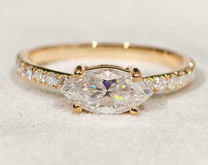 East West Marquise Cut Moissanite Engagement Ring, Horizontal Solitaire Diamond Wedding Ring