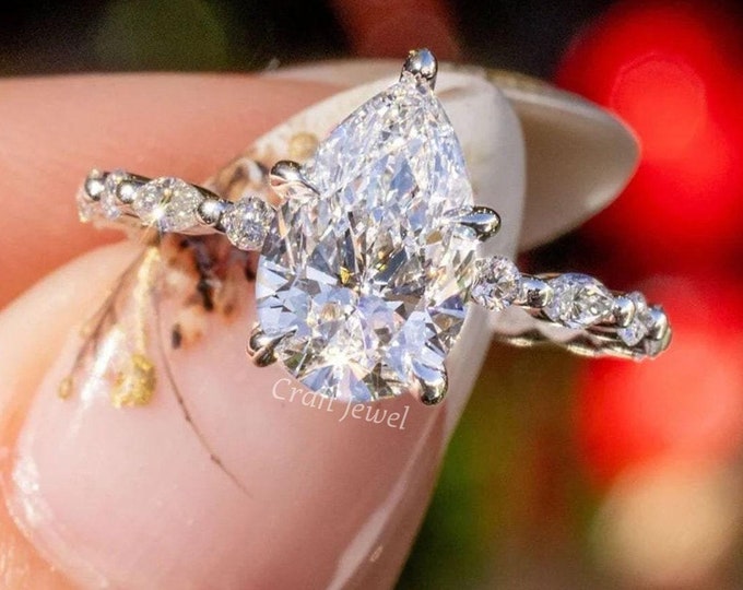 2 CT Pear Cut Moissanite Engagement Ring, Teardrop Alternative Diamond Wedding Ring, Solitaire With Accent Anniversary Ring For Your Love