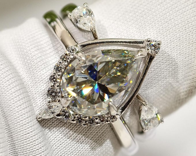 Gray Pear Cut Moissanite Wedding Ring Set Cluster Half Halo Engagement Ring With Open Cuff Matching Band 14K Solid Gold Two Piece Bridal Set