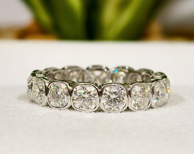 Forever Cushion Cut Wedding Band, Bezel Set Moissanite Band, Full Eternity Diamond Band, Stacking Matching Band, Bridesmaid Gift