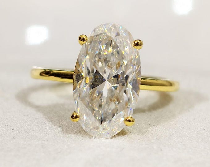 Elongated Oval Cut Moissanite Engagement Ring, Classic Solitaire Wedding Ring, Unique Prong Set Anniversary Gift For Wife, Handmade Jewelry