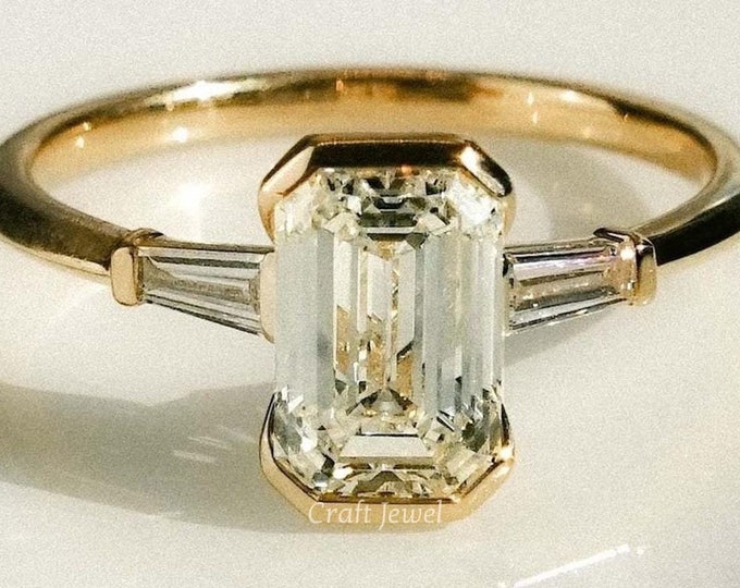 2 CT Emerald Cut Moissanite Engagement Ring, Three Stone Wedding Ring, Half Bezel Set Baguette Cut Side Tapper Ring Anniversary Ring For Her