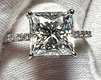 Hidden Halo Engagement Ring, 3CT Princess Cut Moissanite Anniversary Ring, Solitaire With Accent Diamond Wedding Ring For Women Promise Ring