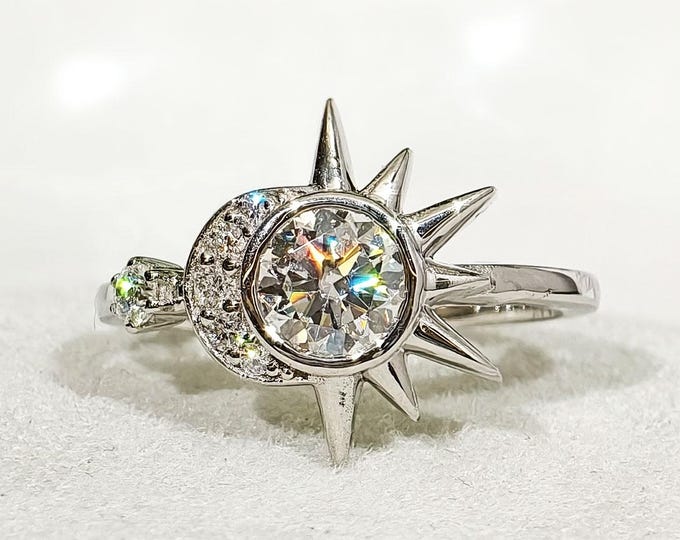 Round Cut Moissanite Engagement Ring, Celestial Sun & Crescent Moon Designer Wedding Ring, Vintage Style Custom Proposal Ring For Your Love