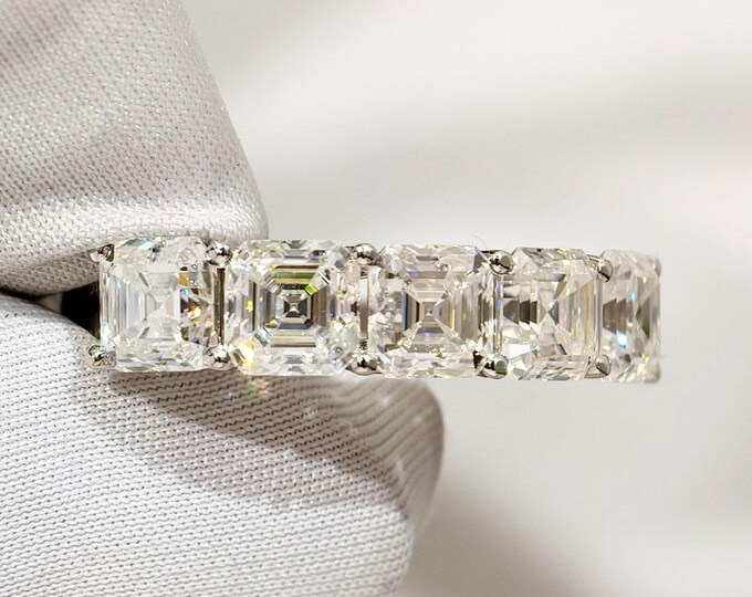 Asscher Cut Five Stone Lab Grown Diamond Wedding Band, Trellis Style Half Eternity Matching Anniversary Band, Minimalist Proposal Band