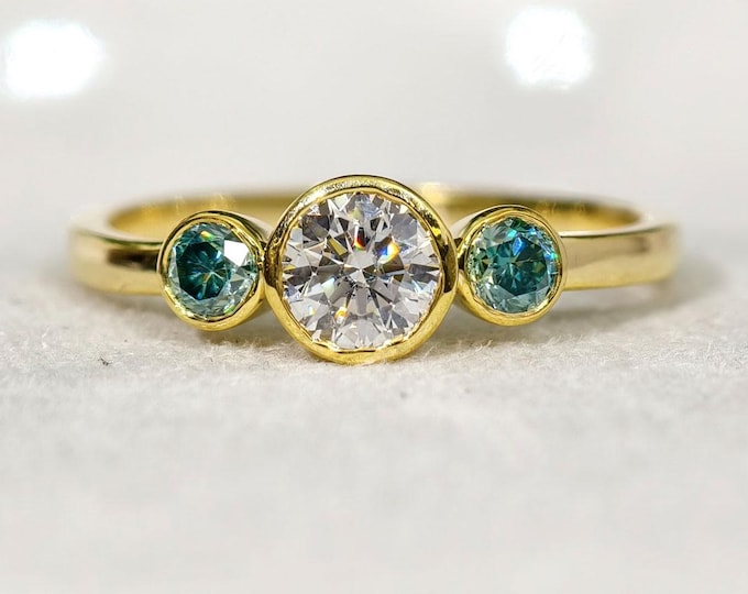 Delicate Bezel Set Round Cut Engagement Ring, Three Stone Moissanite Diamond Yellow Gold Wedding Ring, Minimalist Bridal Jewelry