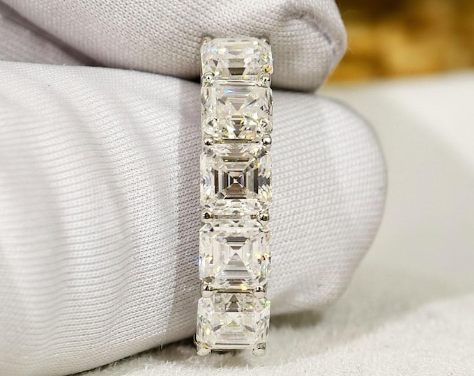 Asscher Cut Moissanite Diamond Wedding Band, Trellis Setting Shared Prong Five Stone Engagement Band, Anniversary Gift for Her