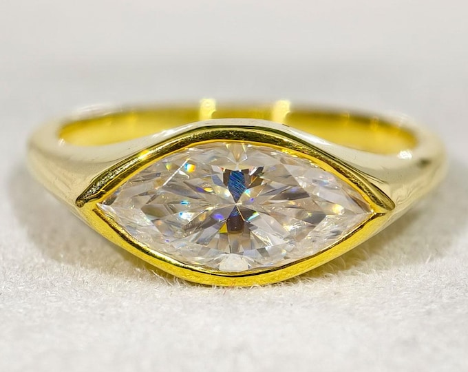 Horizontal Marquise Cut Wedding Ring East West Moissanite Diamond Engagement Ring Full Bezel Set 14K Solid Yellow Gold Celebrity Style Ring