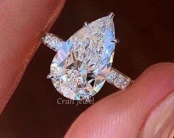 3 CT Pear Cut Moissanite Engagement Ring, Hidden Halo Wedding Bridal Ring, Pave Setting Promise Ring, Anniversary Gift Ring For Wife