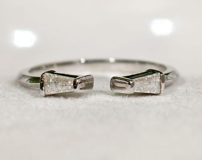 Open Gap Wedding Band, Tapper Baguette Cut Moissanite Promise Band, Solid White Gold Open Cuff Knife Edge Shank Matching Band