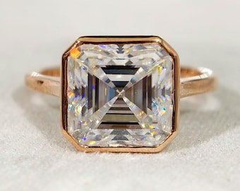 Solitaire Moissanite Engagement Ring, 5 CT Asscher Cut Bezel Set Wedding Ring, One Diamond Proposal Ring, 14K Rose Gold Anniversary Gift