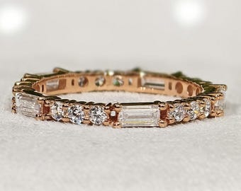 Round And Baguette Cut Moissanite Wedding Band, Alternating Diamond Promise Band, 14K Rose Gold Full Eternity Matching Anniversay Band