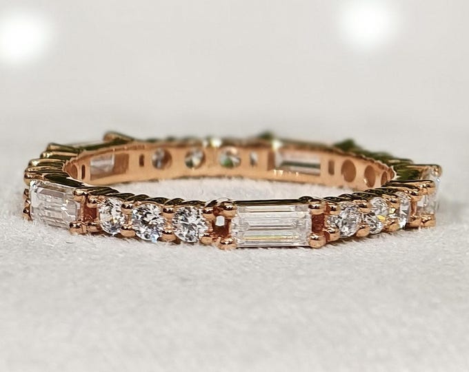 Round And Baguette Cut Moissanite Wedding Band, Alternating Diamond Promise Band, 14K Rose Gold Full Eternity Matching Anniversay Band