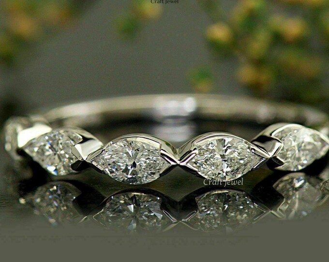 Half Eternity Wedding Band For Women, Vintage Style Marquise Cut East West Moissanite Diamond Stacking Band Matching Unique Bridal Ring Gift