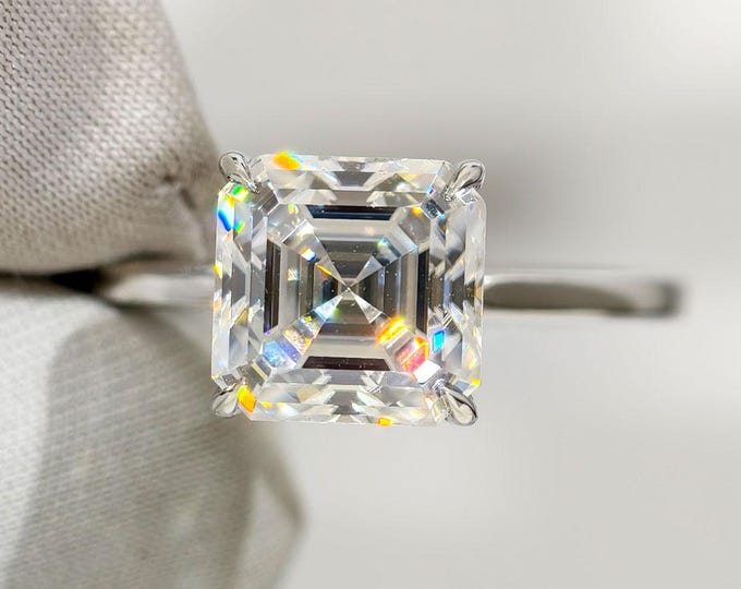 Asscher Cut Solitaire Engagement Ring, Asscher Cut Moissanite Hidden Halo Engagement Ring, Anniversary Gift Ring For Women, promise Ring