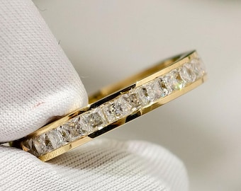 Princess Cut Colorless Moissanite Wedding Band, Antique Channel Set Half Eternity Matching Band For Anniversary Ring, Dainty Moissanite Band